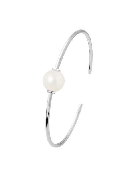 Brazalete tipo brazalete redondo de plata rodiada y perlas blancas naturales de agua dulce