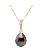 Pendentif en Or jaune, Diamants 0.02 ct & Perle de Tahiti poire Ø 8-9 mm