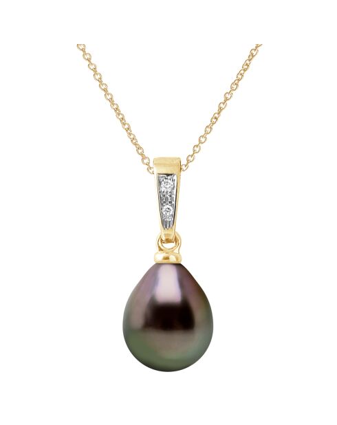 Pendentif en Or jaune, Diamants 0.02 ct & Perle de Tahiti poire Ø 8-9 mm