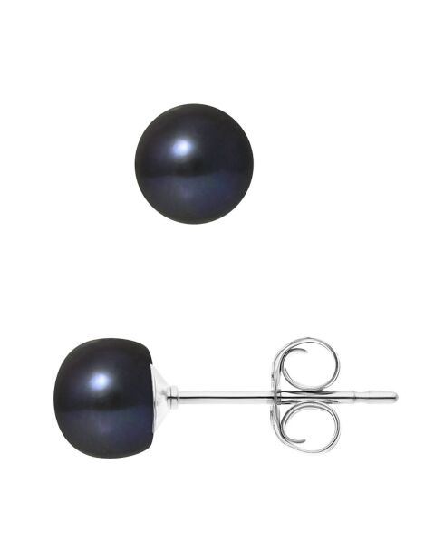 Silberne Ohrstecker mit Süßwasserperlen mit schwarzen Knöpfen Ø 6-7 mm