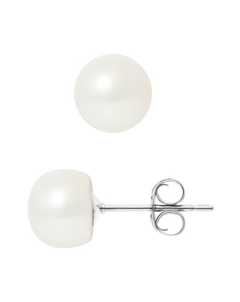 Orecchini a lobo in argento con perle d'acqua dolce, bottoni bianchi naturali Ø 8-9 mm