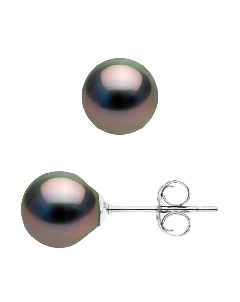 Boucles d'oreilles Puces en Argent rhodié & Perles de Tahiti poires Ø 8-9 mm