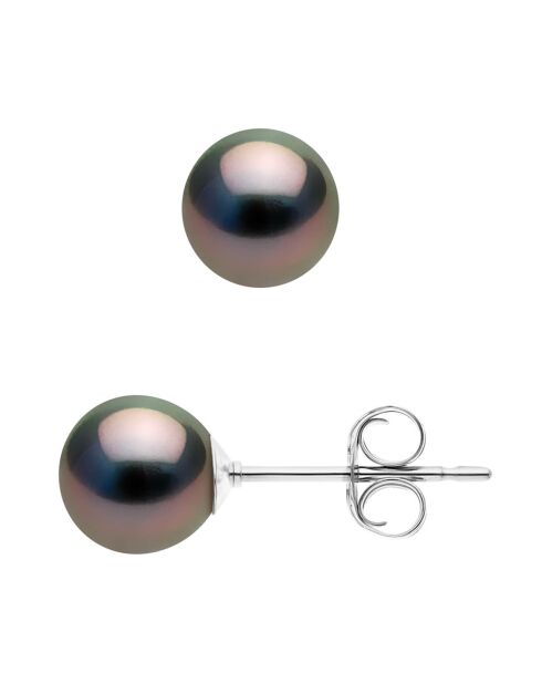 Ohrstecker aus Rhodiumsilber und runde Tahitiperlen Ø 7-8 mm