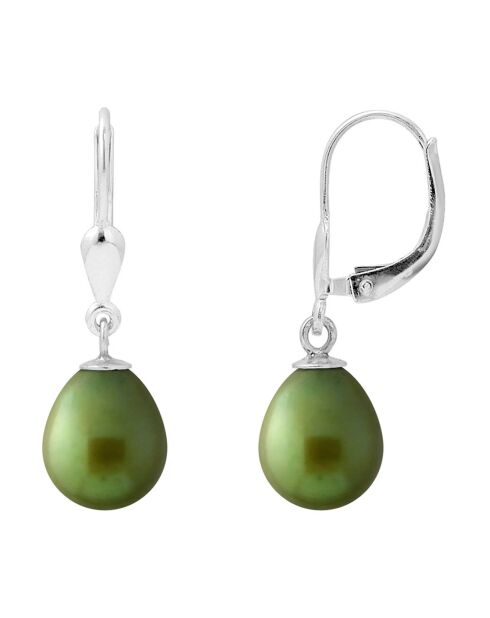 Boucles d'oreilles Dormeuses en Argent & Perles d'Eau Douce poires vert malachite