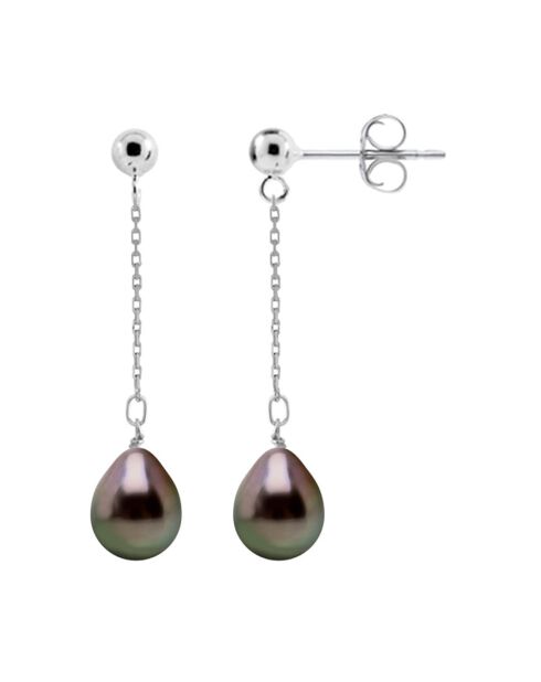 Boucles d'Oreilles Pendantes en Argent rhodié & Perles de Tahiti poires