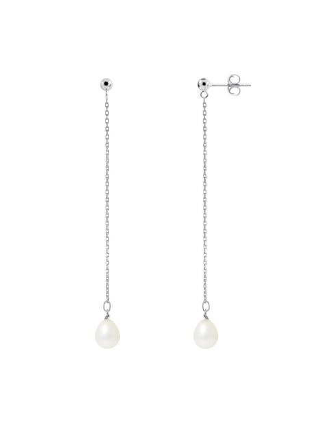 Boucles d'Oreilles Ligne en Argent rhodié & Perles d'Eau Douce poires blanc naturel