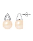 Orecchini ad arco in argento rodiato, zirconi e perle d'acqua dolce con bottoni rosa naturali