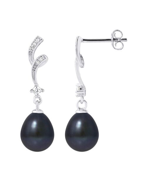 Boucles d'oreilles Tourbillon en Argent, Zircones & Perles d'Eau Douce poires black tahiti