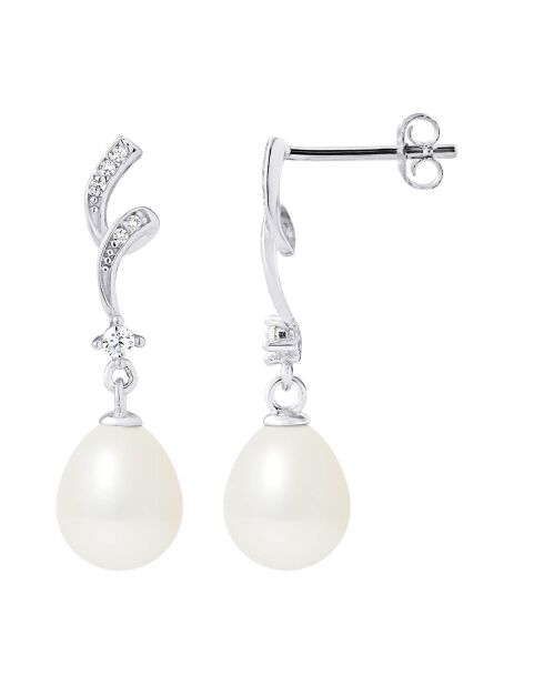 Silberne Wirbelohrringe, Zirkonia und natürliche weiße Birnen-Süßwasserperlen