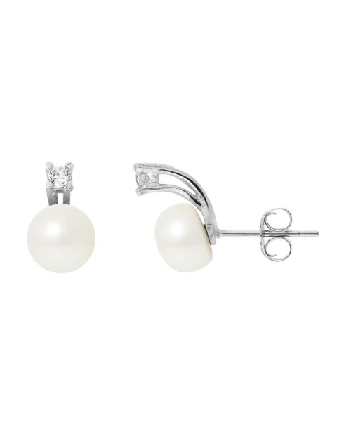 Boucles d'Oreilles Astre en Argent, Zircones & Perles d'Eau Douce boutons blanc naturel