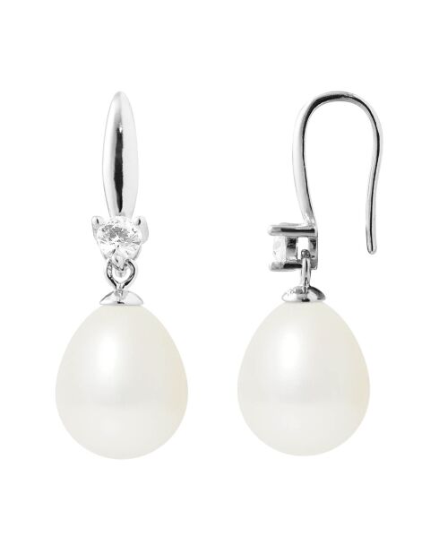Boucles d'oreilles Crochet en Argent, Zircones & Perles d'Eau Douce poires blanc naturel