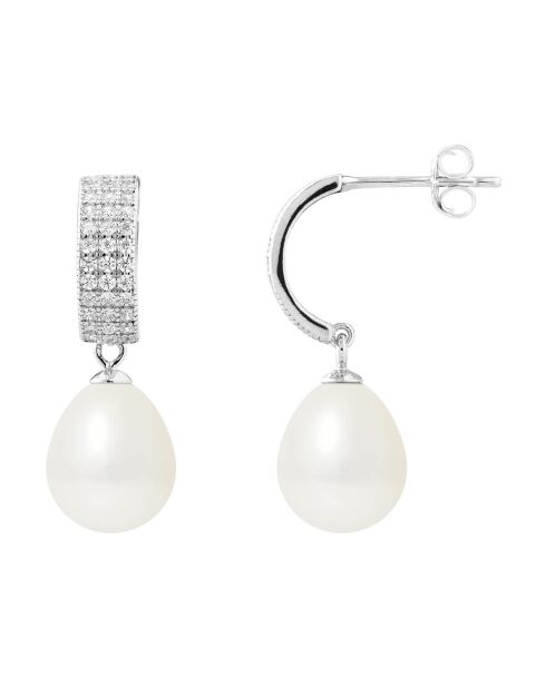 Boucles d'oreilles Pavées en Argent, Zircones & Perles d'Eau Douce poires blanc naturel