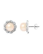 Boucles d'Oreilles Fleur en Argent rhodié, Zircones & Perles d'Eau Douce boutons rose naturel