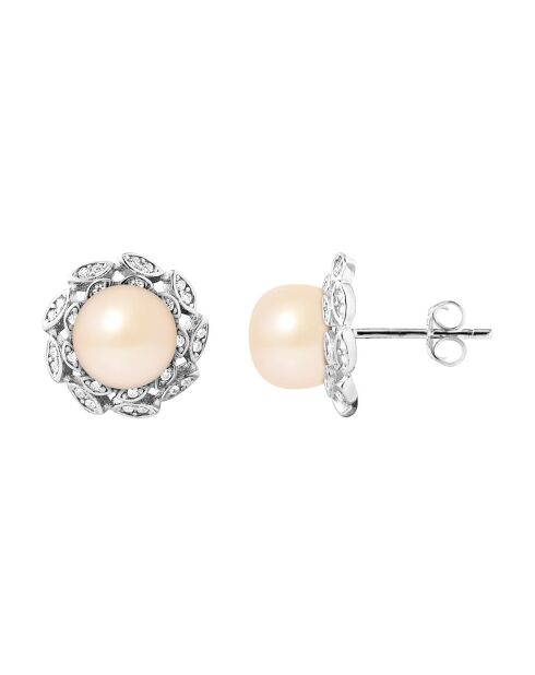 Boucles d'Oreilles Fleur en Argent rhodié, Zircones & Perles d'Eau Douce boutons rose naturel