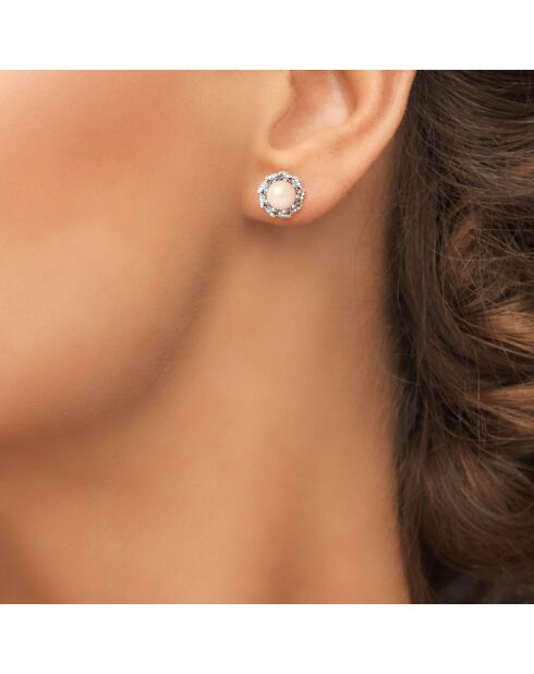 Boucles d'Oreilles Fleur en Argent rhodié, Zircones & Perles d'Eau Douce boutons rose naturel