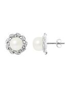 Boucles d'oreilles Fleur en Argent, Zircones & Perles d'Eau Douce boutons blanc naturel
