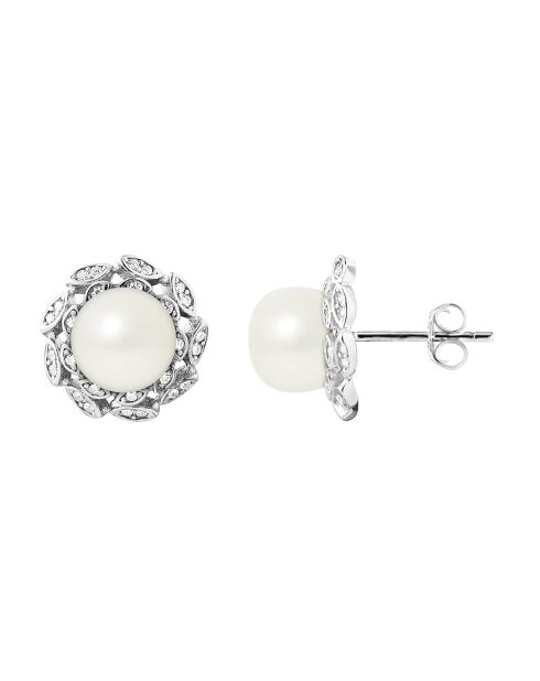 Boucles d'oreilles Fleur en Argent, Zircones & Perles d'Eau Douce boutons blanc naturel