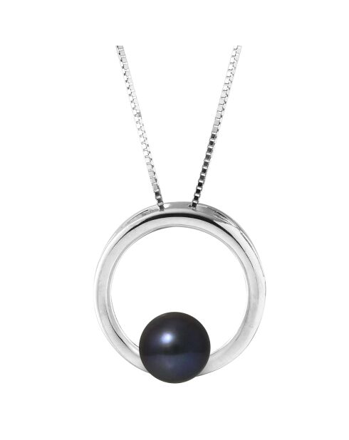 Zilveren cirkelketting en zwarte ronde zoetwaterparel