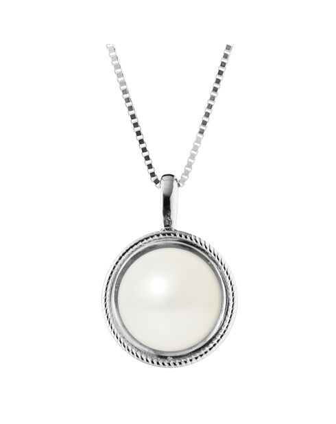 Halsketting van gerhodineerd zilveren medaillon en natuurlijke witte knop met zoetwaterparel