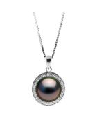 Medaillonketting van gerhodineerd zilver, zirkonia en ronde Tahitiaanse parel