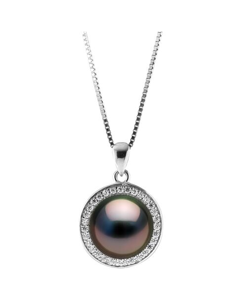 Collier Médaillon en Argent rhodié, Zircones & Perle de Tahiti ronde