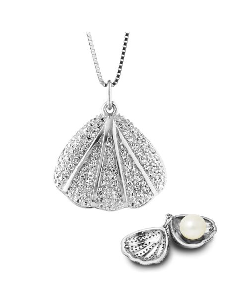 Collier Mon Trésor Secret en Argent, Zircones & Perle d'Eau Douce bouton blanc nacré naturel