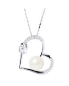 Collier Coeur en Argent, Zircones & Perle d'Eau Douce bouton blanc nacré naturel