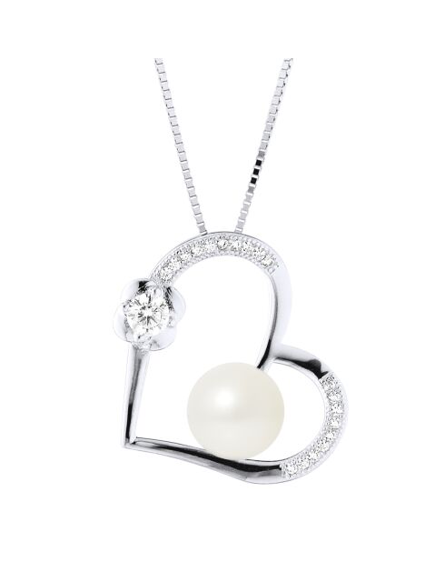 Collier Coeur en Argent, Zircones & Perle d'Eau Douce bouton blanc nacré naturel