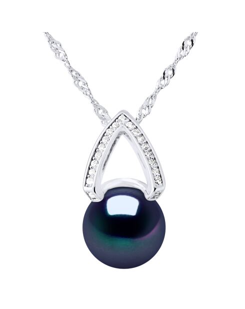 Zilveren booghalsband, zirkonia en zoetwaterparel met zwarte knoop