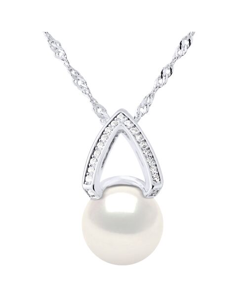 Halskette mit silbernem Bogen, Zirkonia und Süßwasserperle, natürlicher weißer Knopf
