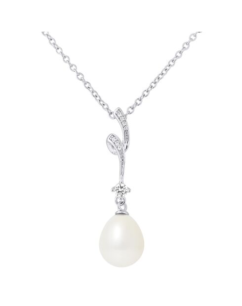 Wirbelhalskette aus Rhodiumsilber, Zirkonia und natürliche perlweiße Birne, Süßwasserperle