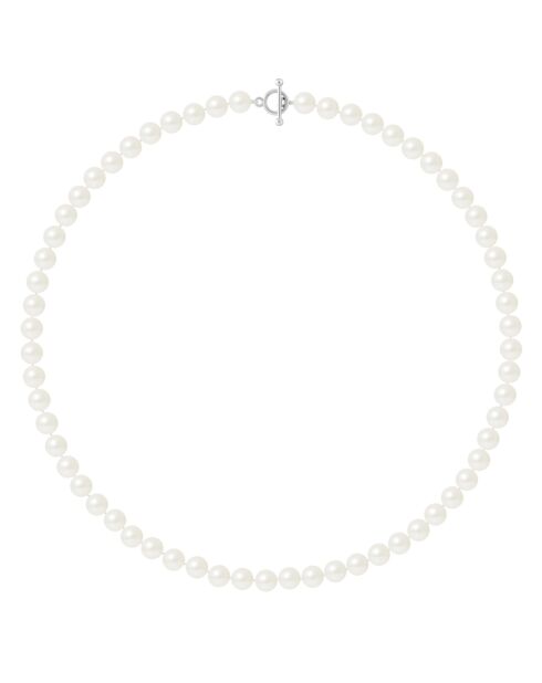 Süßwasserperlenkette aus Rhodiumsilber und runden natürlichen weißen Perlen Ø 8-9 mm