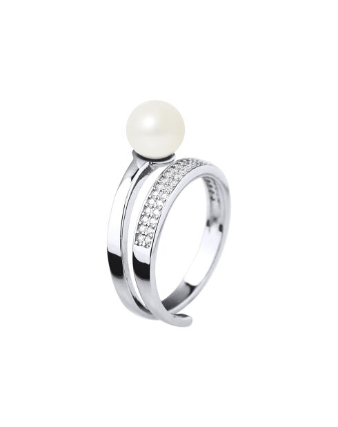 Bague ajustable Tourbillon en Argent, Zircones & Perle d'Eau Douce ronde blanc naturel