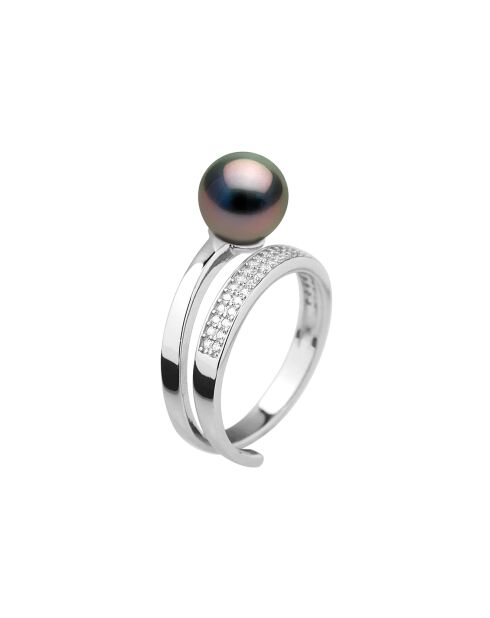Bague ajustable Tourbillon en Argent, Zircones & Perle de Tahiti ronde