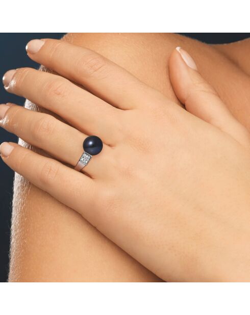 Vierkante verstelbare ring in gerhodineerd zilver, zirkonia en zoetwaterparel, zwarte tahiti-knop