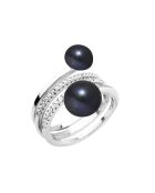 Bague ajustable Spirale en Argent, Zircones & Perles d'Eau Douce rondes black tahiti