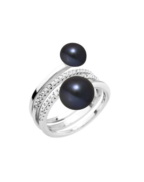 Anello regolabile a spirale in argento, zirconi e perle d'acqua dolce rotonde tahiti nere