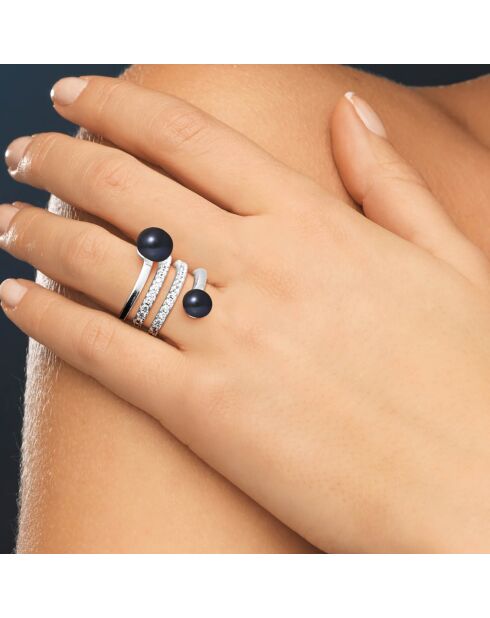 Bague ajustable Spirale en Argent, Zircones & Perles d'Eau Douce rondes black tahiti