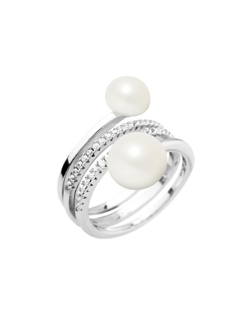 Bague ajustable Spirale en Argent, Zircones & Perles d'Eau Douce rondes blanc naturel