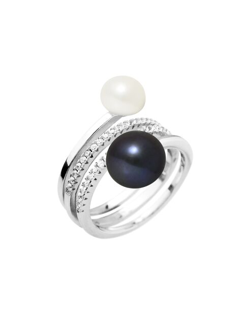 Bague ajustable Spirale en Argent, Zircones & Perles d'Eau Douce rondes blanc naturel/black tahiti