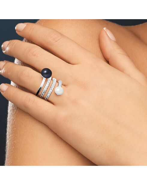 Spiralverstellbarer Ring aus Silber, Zirkonia und runden Süßwasserperlen, naturweiß/schwarzer Tahiti