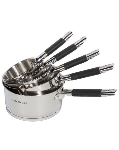 5 Casseroles induction inox argenté/noir - D.12/14/16/18/20 cm