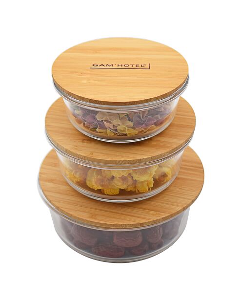 3 luchtdichte glazen dozen met transparant/bamboe deksel - 40/62/95 cl