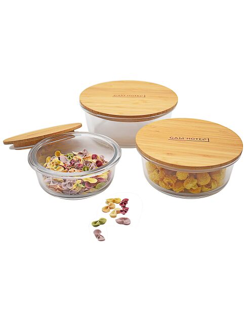 3 luchtdichte glazen dozen met transparant/bamboe deksel - 40/62/95 cl