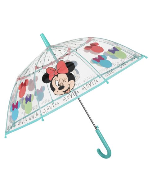 Paraguas infantil Disney Minnie con forma de campana para niñas, resistente al viento, transparente/turquesa