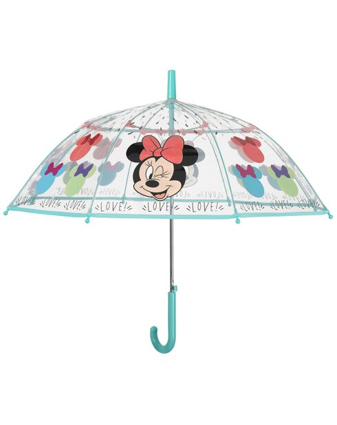 Paraguas infantil Disney Minnie con forma de campana para niñas, resistente al viento, transparente/turquesa