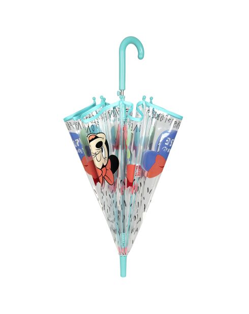 Paraguas infantil Disney Minnie con forma de campana para niñas, resistente al viento, transparente/turquesa