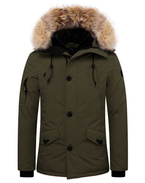 Parka Ontario avec capuche en vraie Fourrure Raccoon kaki