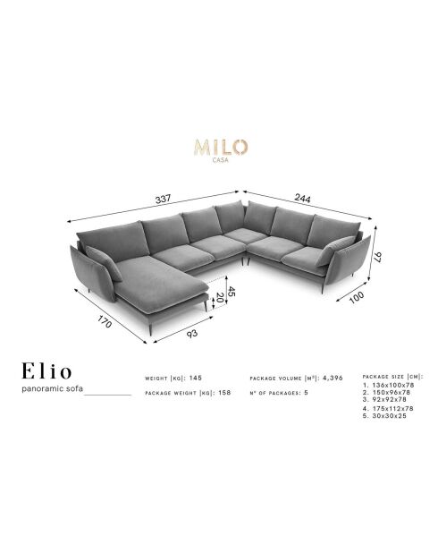 Elio 7-zits panoramische linkerhoekbank lichtgrijs - 337x244x95 cm