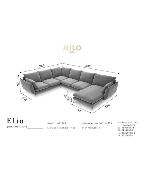 Elio 7-Sitzer-Panorama-Ecksofa rechts dunkelblau - 337x244x95 cm